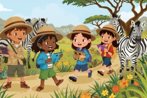 Illustration von Kindern mit Safari Hüten in einer afrikanischen Landschaft mit Zebras. Die Kinder halten Tablets in den Händen und haben Spaß.